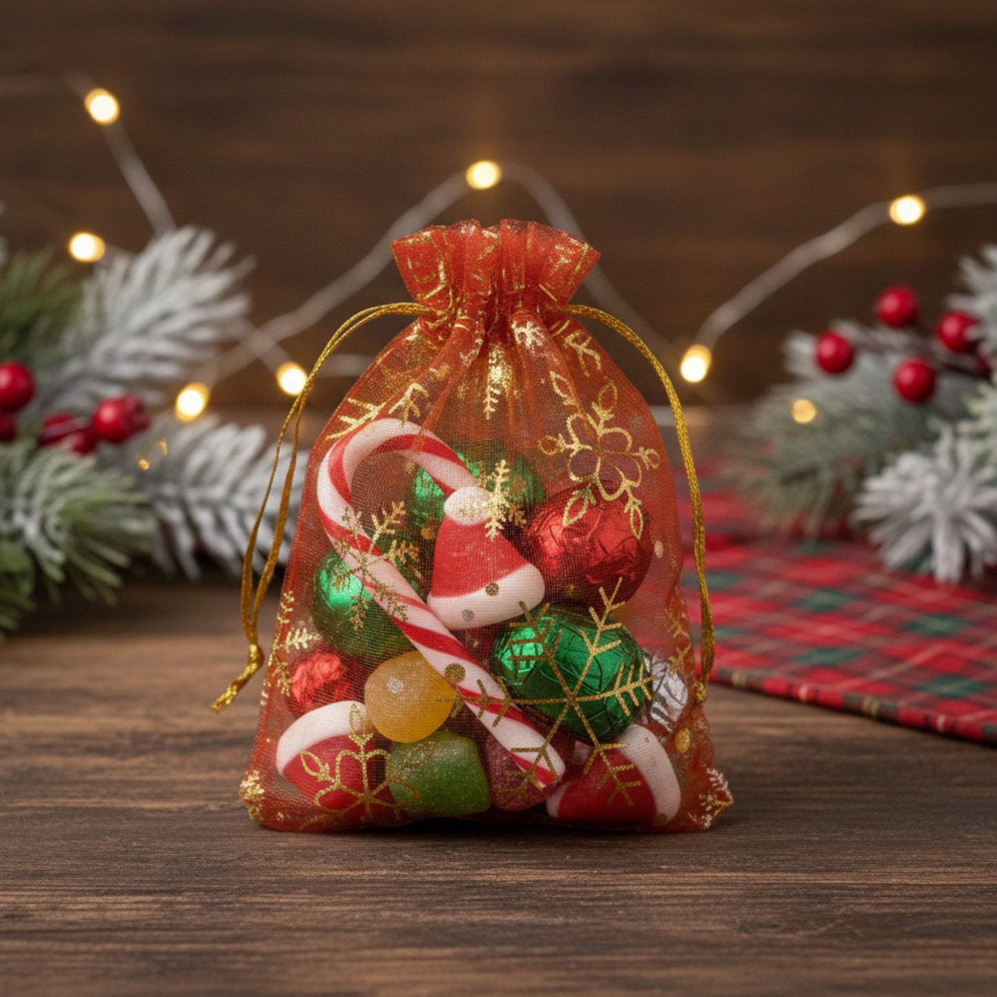 Red Snowflake Organza Gift Bags: Sheer Christmas Drawstring Pouches Gold Snowflake Holiday Packaging 10 Pack USA