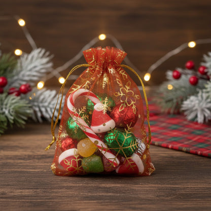 Red Snowflake Organza Gift Bags: Sheer Christmas Drawstring Pouches Gold Snowflake Holiday Packaging 10 Pack USA