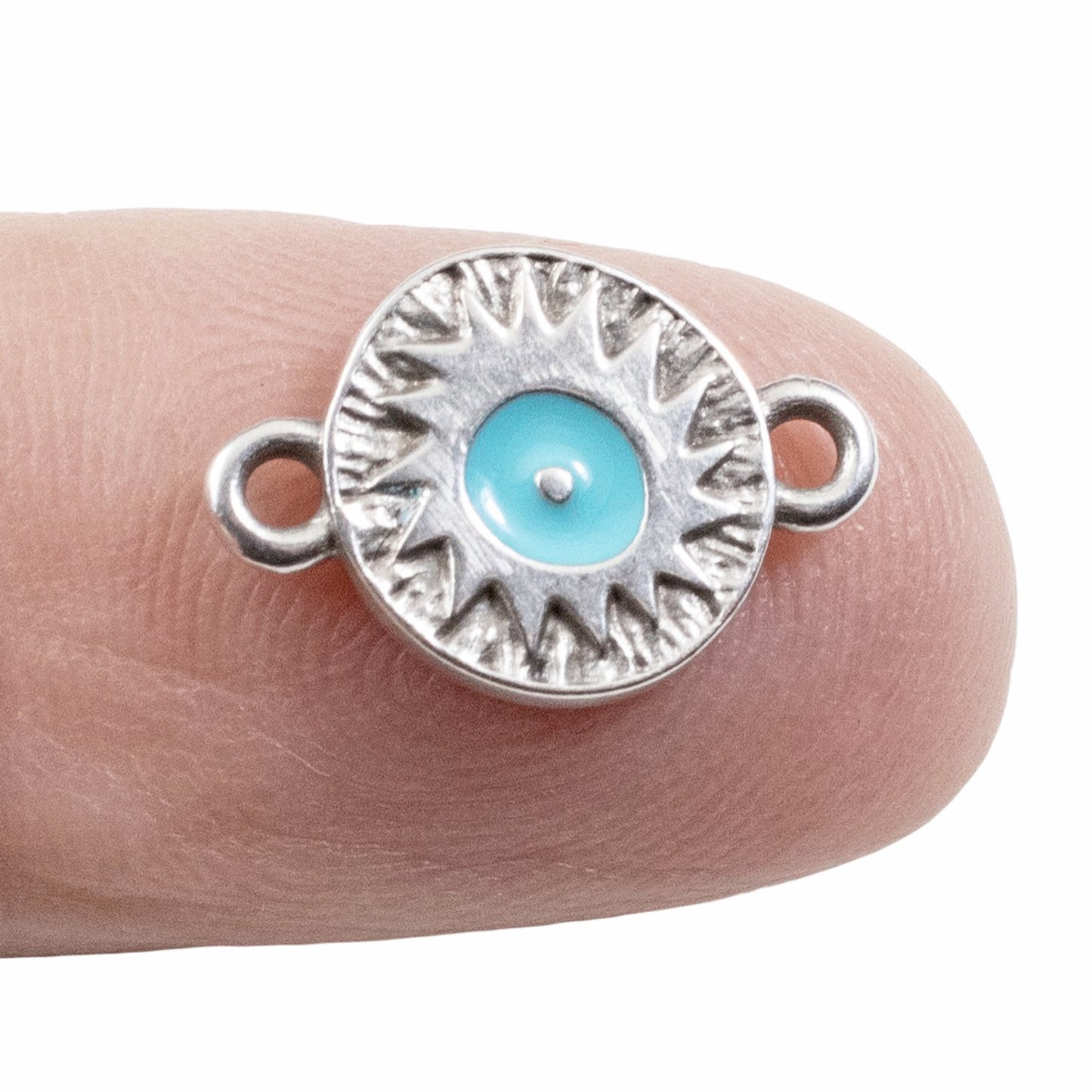 Silver Evil Eye Connector Charms: Antique Silver Aqua Enamel Round Links 4-Pack
