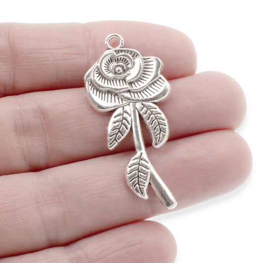 5 Silver Long Stem Rose Pendants for DIY Jewelry Making, Large Metal Flower Charms, Keychains, Craft Projects