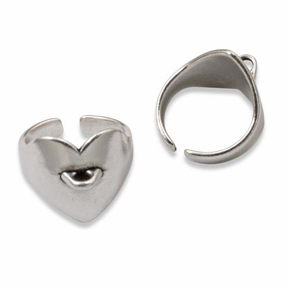 Silver Heart Ring with Charm Loop: Adjustable DIY Ring Base 2-Pack Set