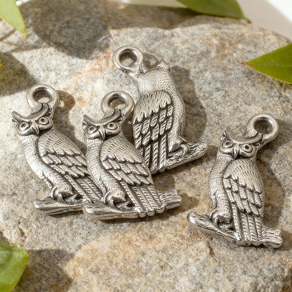 Owl Charms: 4-Pack Antique Silver Nature Pendants, Wildlife Jewelry Making Supplies, Woodland Bird Animal Charms