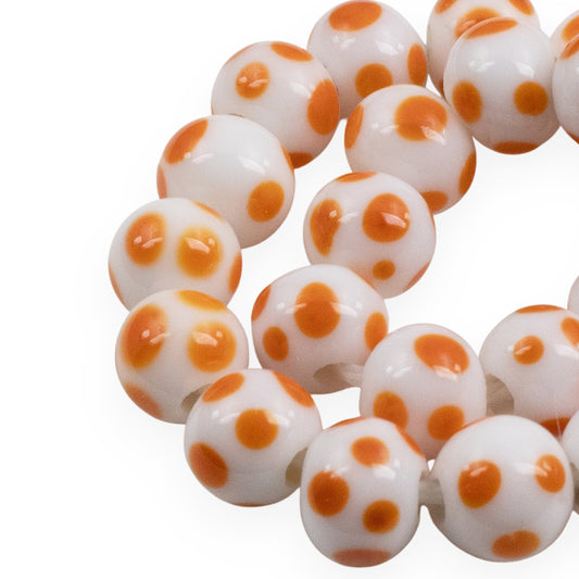 White Orange Polka Dot Beads: Indonesian Lampwork 8mm Round Halloween Fall 50Pcs