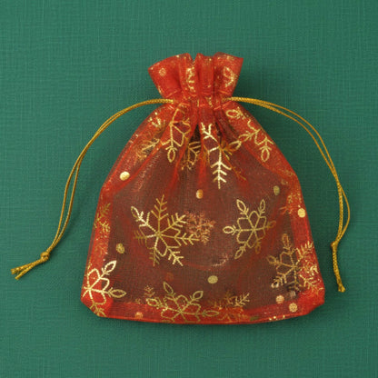 Red Snowflake Organza Gift Bags: Sheer Christmas Drawstring Pouches Gold Snowflake Holiday Packaging 10 Pack USA