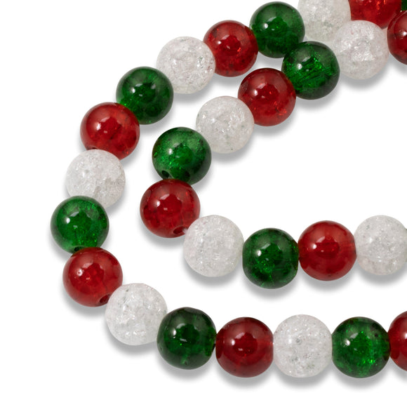 150pc Red, Green & White 8mm Crackle Glass Beads | Christmas Bead Mix