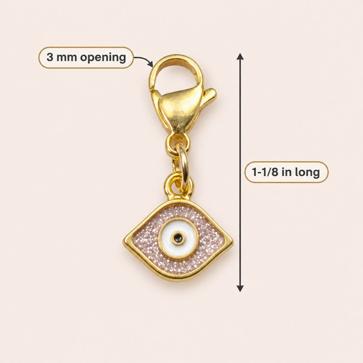 Gold Evil Eye Charm: 24K Gold Plated Pink Glitter Enamel Clip On Lobster Clasp Protection Symbol 1-1/8 Inch