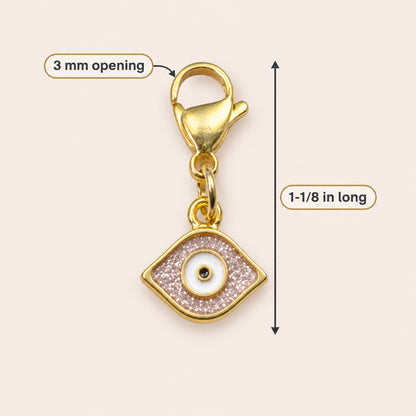 Gold Evil Eye Charm: 24K Gold Plated Pink Glitter Enamel Clip On Lobster Clasp Protection Symbol 1-1/8 Inch