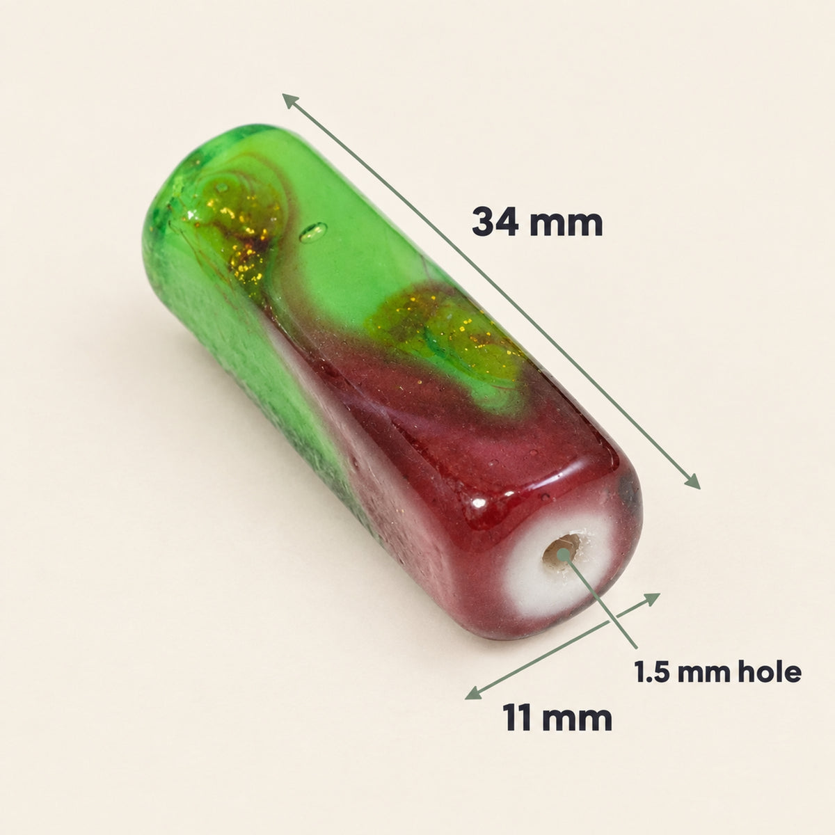 4 Green & Pink Lampwork Beads - Handmade Square Tube - Large Focal - DIY Jewelry-Making