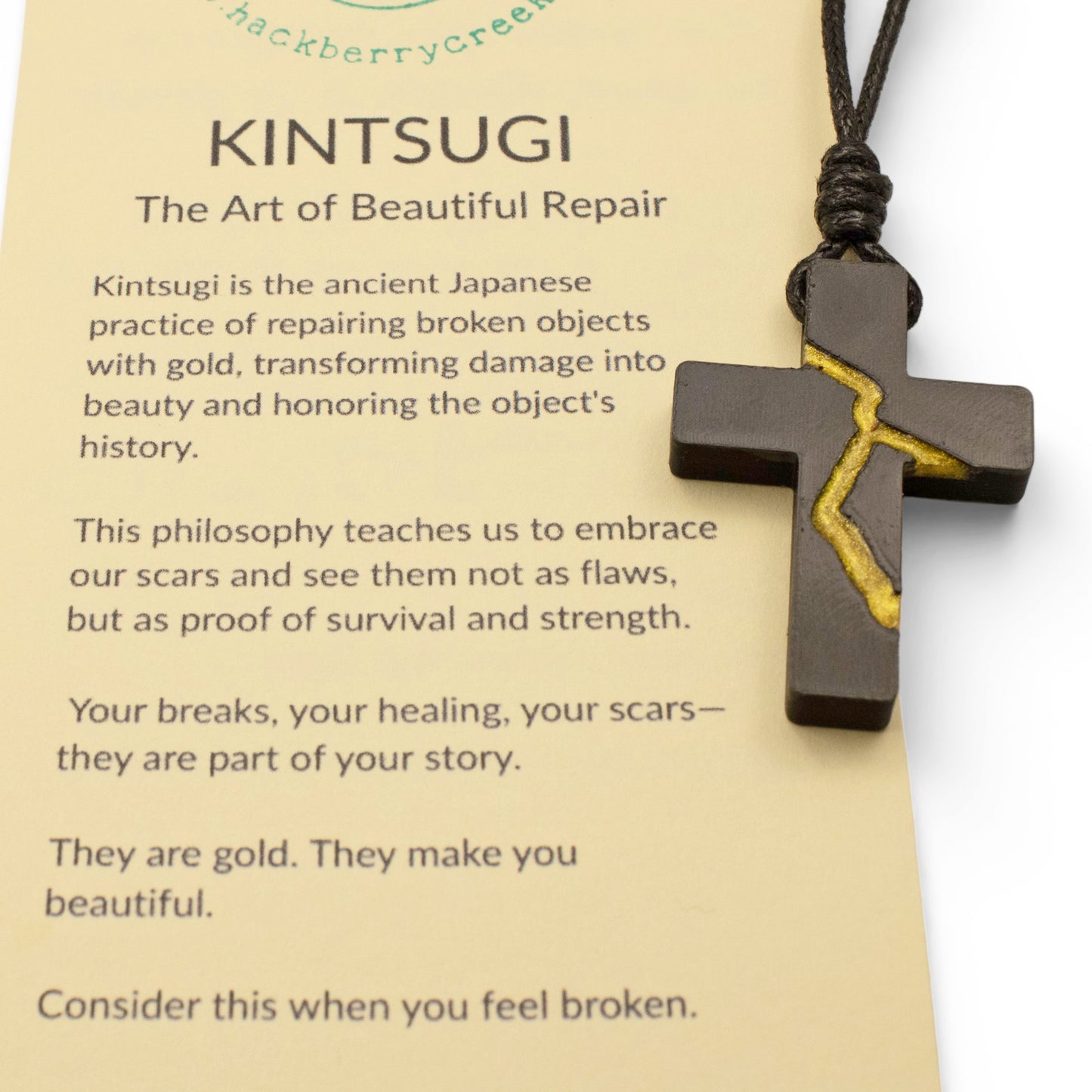 Black Kintsugi Cross Necklace, Inspirational Wearable Art, Handmade Pendant, Meaningful Gift, Japanese Philosophy Jewelry