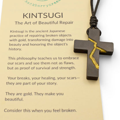 Black Kintsugi Cross Necklace, Inspirational Wearable Art, Handmade Pendant, Meaningful Gift, Japanese Philosophy Jewelry