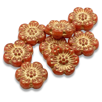 Wild Rose Czech Glass Beads, 8-Pack Burnt Orange Opaline Gold Wash, Flower Beads