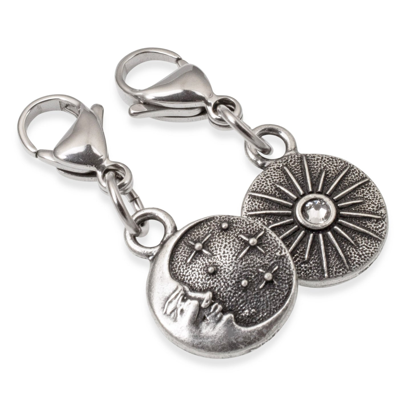 Starry Night Clip on Charm, Silver Moon + Crystal Accent & Lobster Clasp