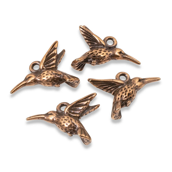 4 Copper Hummingbird Charms, TierraCast Pewter Bird Animal Pendants for Jewelry