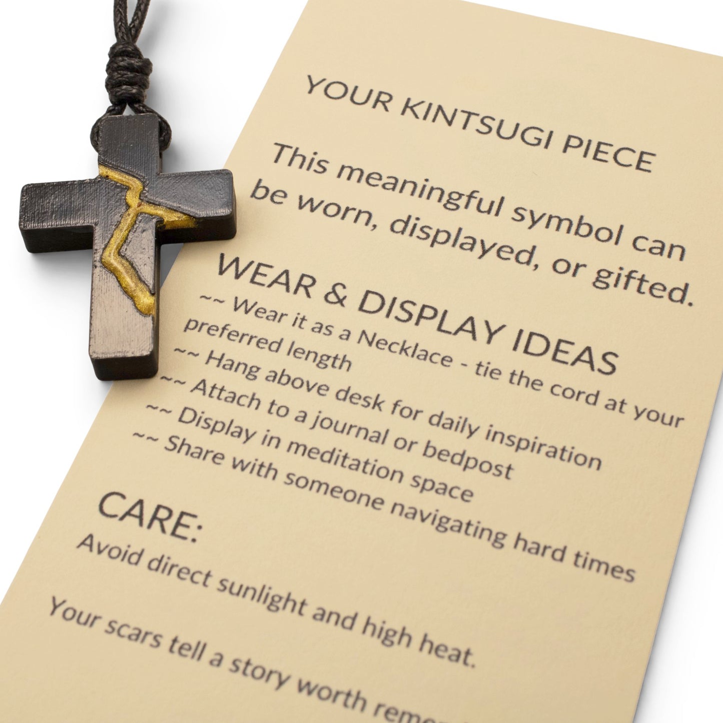 Black Kintsugi Cross Necklace, Inspirational Wearable Art, Handmade Pendant, Meaningful Gift, Japanese Philosophy Jewelry