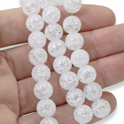 Snowy White Crackle Beads, 30-Pack Winter Glass Beads 10mm, Holiday Jewelry DIY