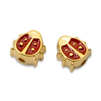 Red Enamel Ladybug Beads, 2Pc 24k Gold Plated, Spring Garden Nature Jewelry