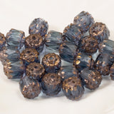 25 Faceted 6mm Crown Cathedral Beads - Montana Blue + Bronze Ends - Czech Glass