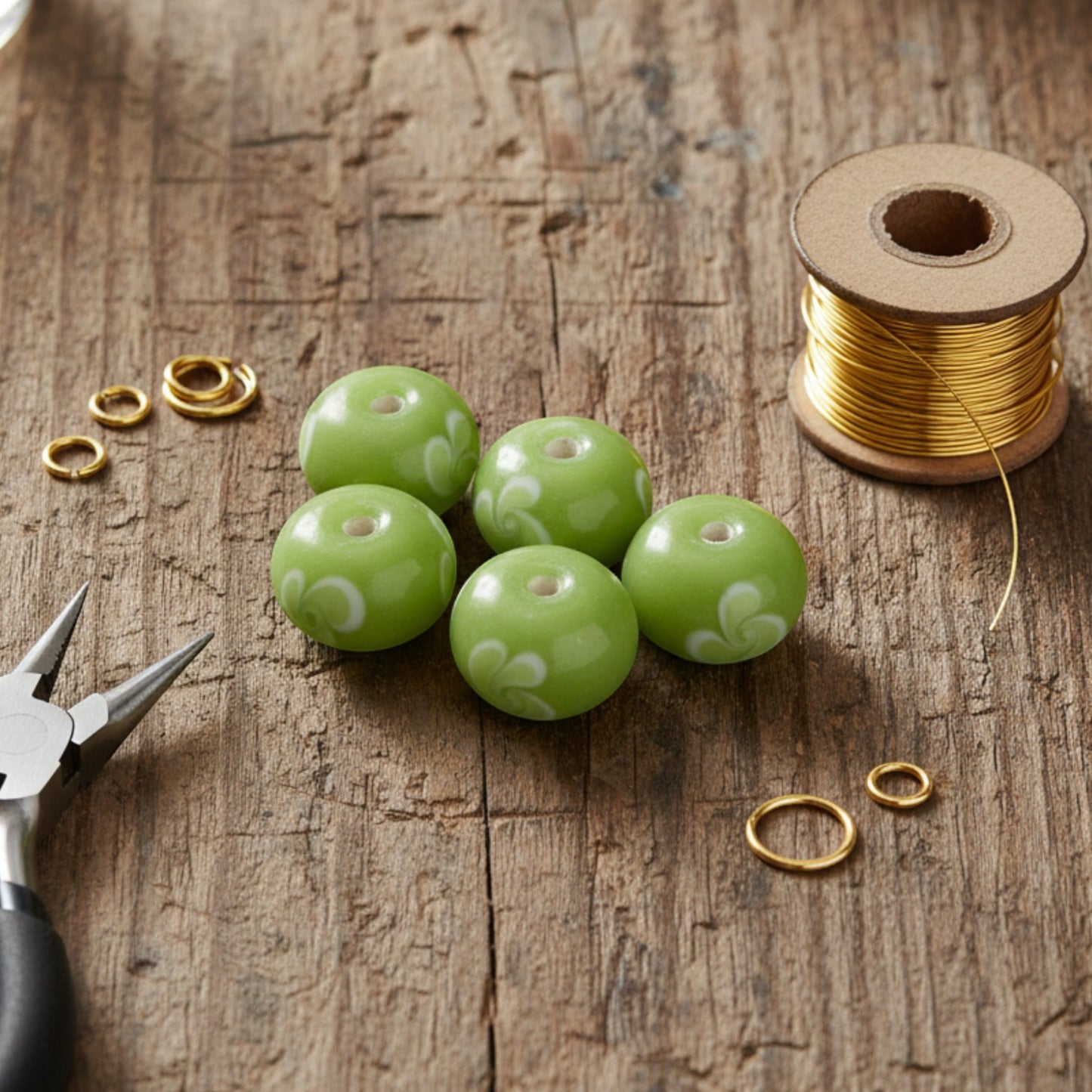 Green Swirl Flower Lampwork Beads: Opaque Lime Rondelle Glass 13mm 10-Pack