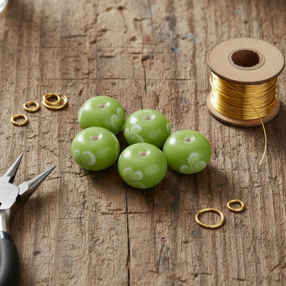 Green Swirl Flower Lampwork Beads: Opaque Lime Rondelle Glass 13mm 10-Pack