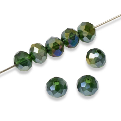 50 Enchanting Forest Green Glass Beads, Faceted Rondelle + AB Finish