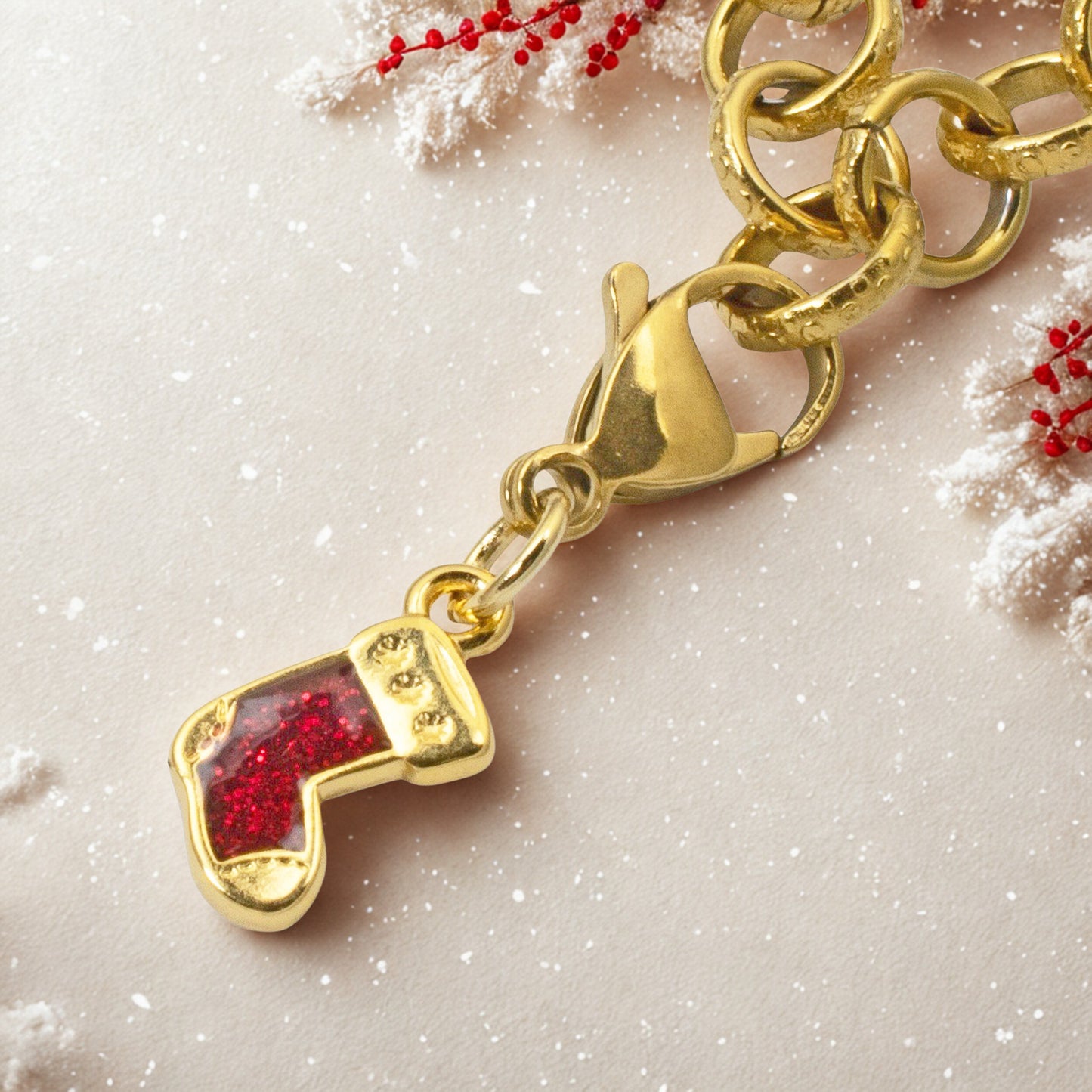 Gold Christmas Stocking Clip-On Charm, Holiday Bracelet Charm, Festive Jewelry