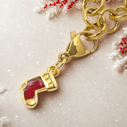 Gold Christmas Stocking Clip-On Charm, Holiday Bracelet Charm, Festive Jewelry