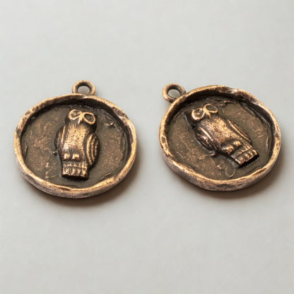 Copper Owl Pendants, 2-Pack Rustic Fall Jewelry Charm, Earthy Medallion USA Made