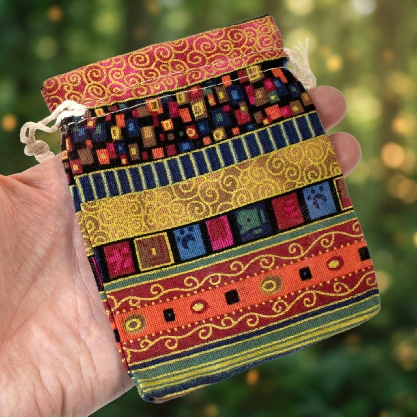 10 Ethnic Earthy Drawstring Fabric Pouches, Bohemian Cloth Bags, Reusable 4"x5"