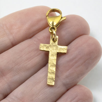Gold Cross Clip-On Charm: 24k Plated Hammered Finish Religious Pendant Jewelry