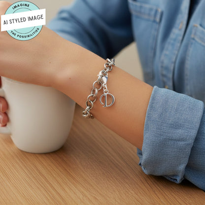 Silver Cursive Letter D Clip On Charm: Script Initial Dangle Lobster Clasp Personalized Journal Bracelet
