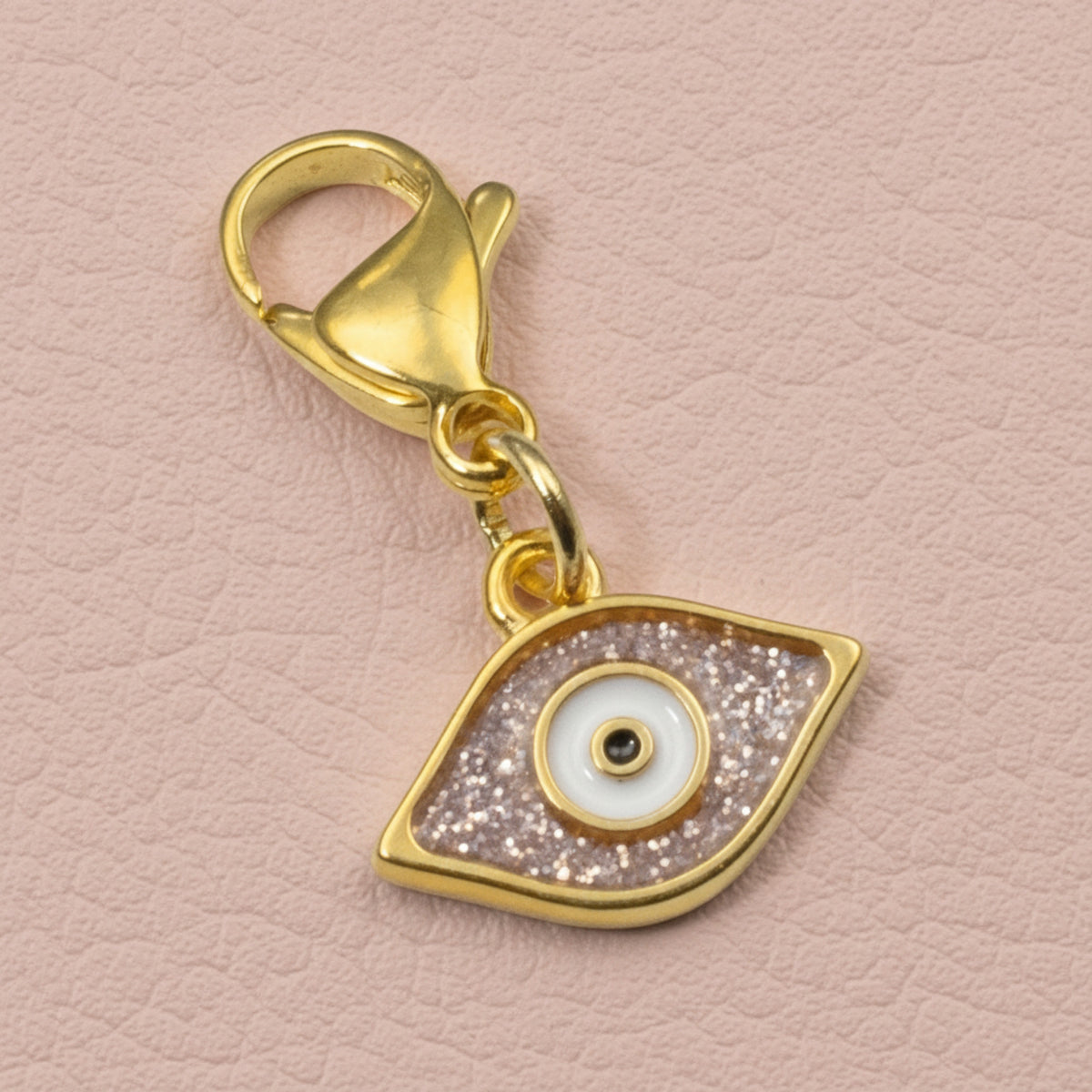 Gold Evil Eye Charm: 24K Gold Plated Pink Glitter Enamel Clip On Lobster Clasp Protection Symbol 1-1/8 Inch