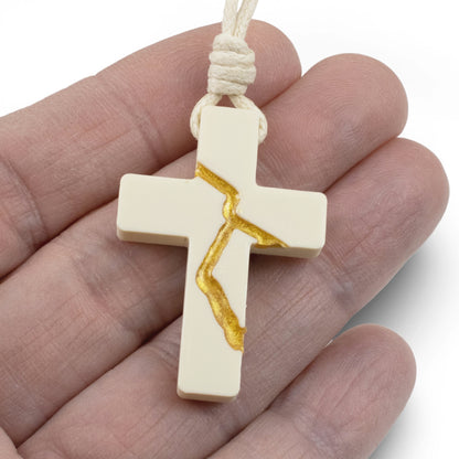 Ivory Kintsugi Cross Necklace, Inspirational Wearable Art, Handmade Pendant, Meaningful Gift, Japanese Philosophy Jewelry