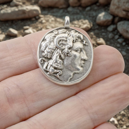 Alexander the Great Pendant, Sterling Silver Plated European Charm, Double-Sided Classical Ancient Greek Coin 1Pc