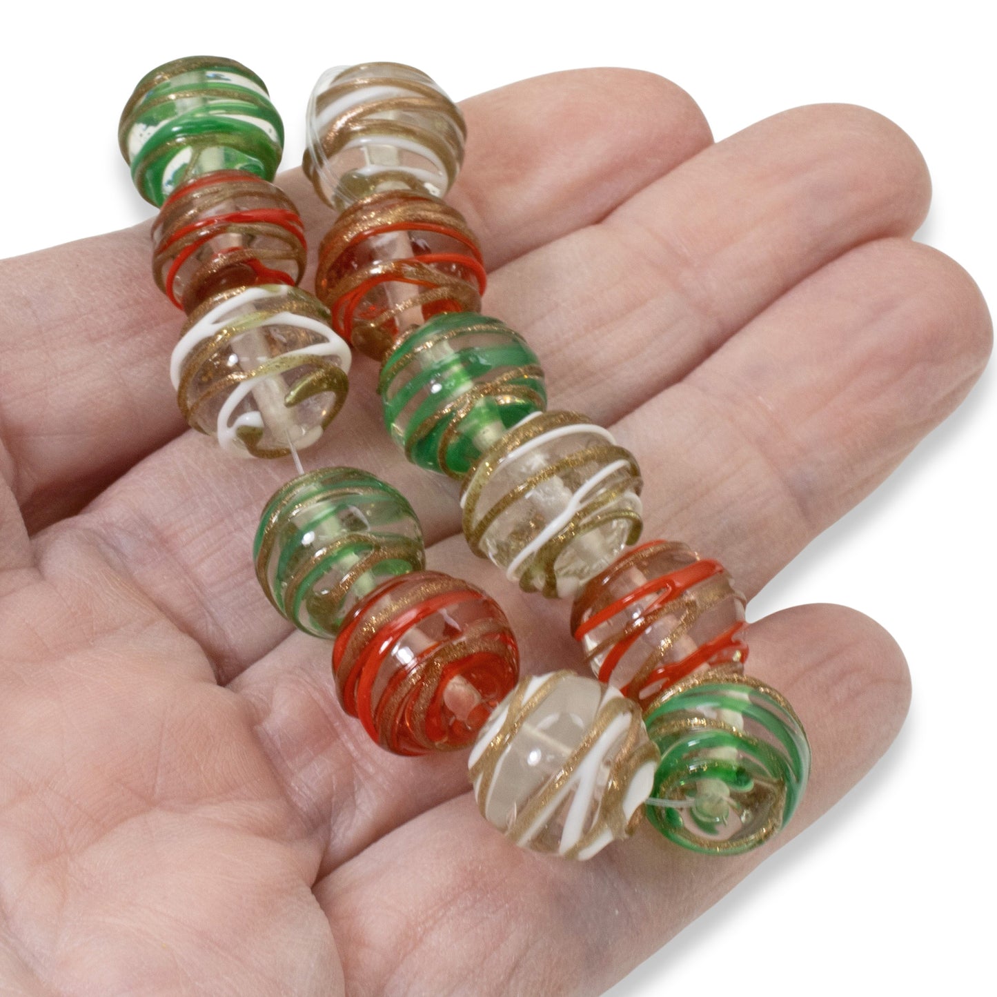 Set of 12 Christmas Lampwork Beads, Red, Green, White Swirl, 12mm Round