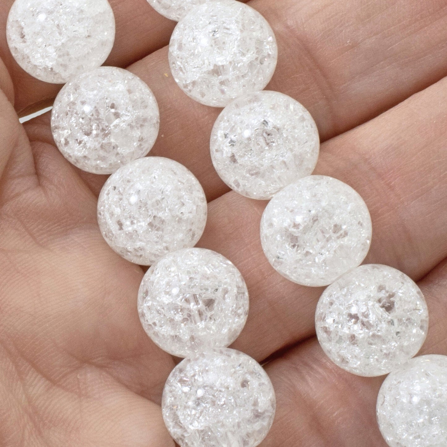 Large Winter Beads, 20-Pack White Crackle Glass 12mm, Bold Holiday Ornament DIY
