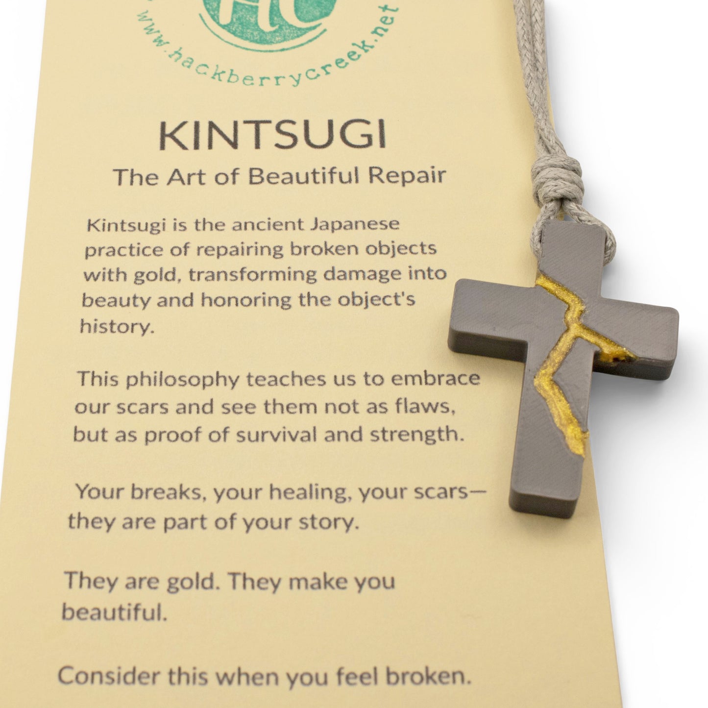 Gray Kintsugi Cross Necklace, Inspirational Wearable Art, Handmade Pendant, Meaningful Gift, Japanese Philosophy Jewelry