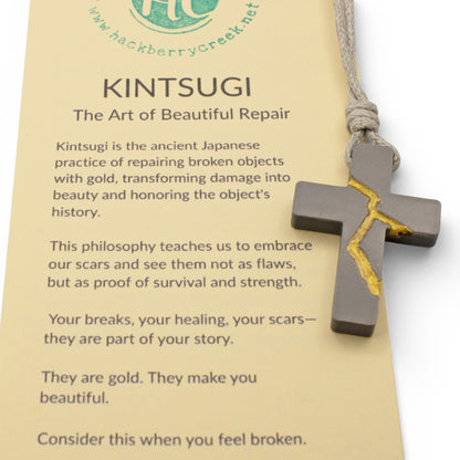 Gray Kintsugi Cross Necklace, Inspirational Wearable Art, Handmade Pendant, Meaningful Gift, Japanese Philosophy Jewelry