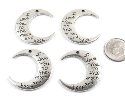 4 Silver "I Love You to the Moon and Back" Metal Pendants for DIY Jewelry