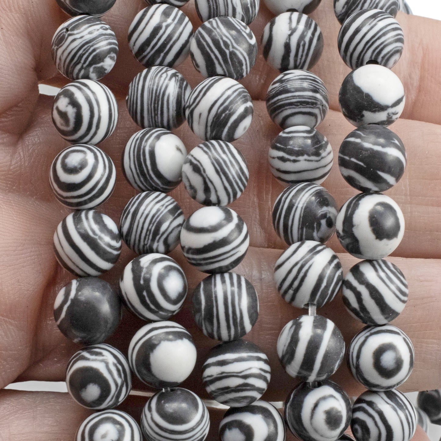 Black & White Striped Malachite Beads - 8mm Round Composite Stone - Full Strand