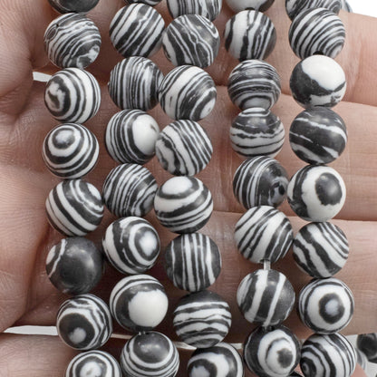 Black & White Striped Malachite Beads - 8mm Round Composite Stone - Full Strand