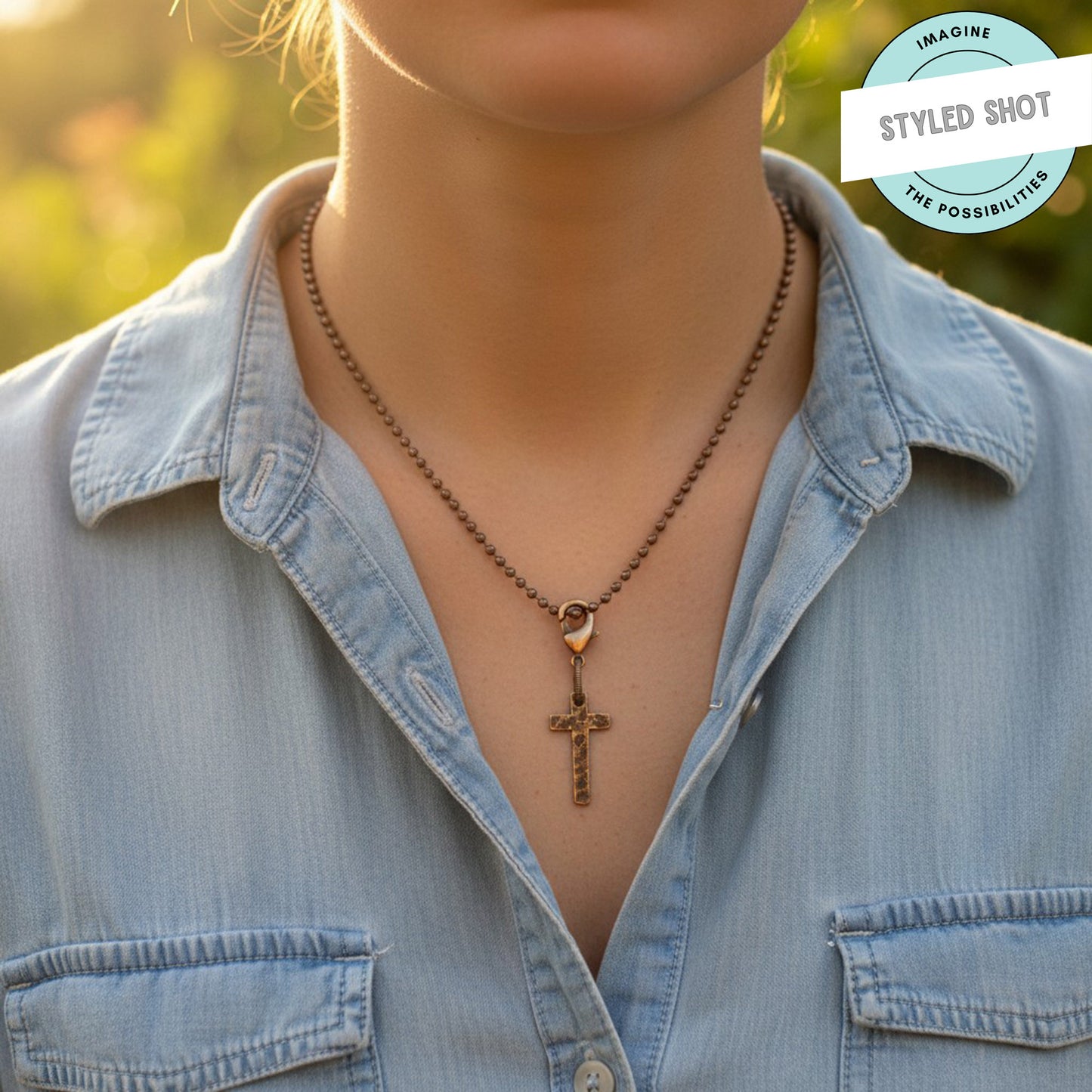 Copper Cross Clip-On Charm: Delicate Distressed Finish Boho Pendant Baptism Gift