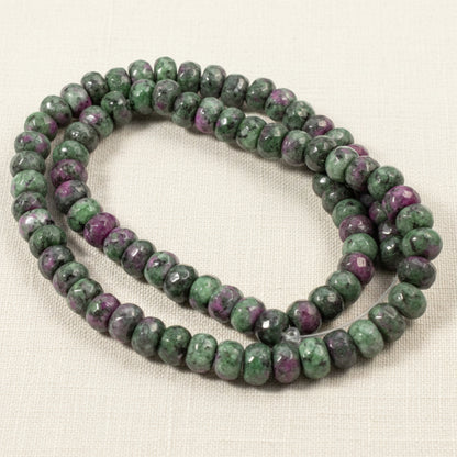 Ruby Zoisite Beads, Faceted Rondelle 5mm x 7.5mm, Green Pink Gemstone Strand, 75Pcs