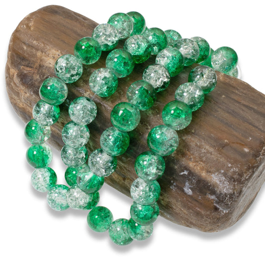 8mm Emerald Green & Clear Crackle Glass Round Beads | Two-Tone Double Color 50/Pkg