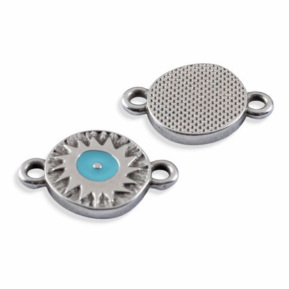 Silver Evil Eye Connector Charms: Antique Silver Aqua Enamel Round Links 4-Pack