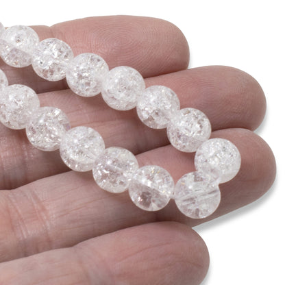 White 8mm Round Glass Crackle Beads, 15" Strand for Jewelry Making