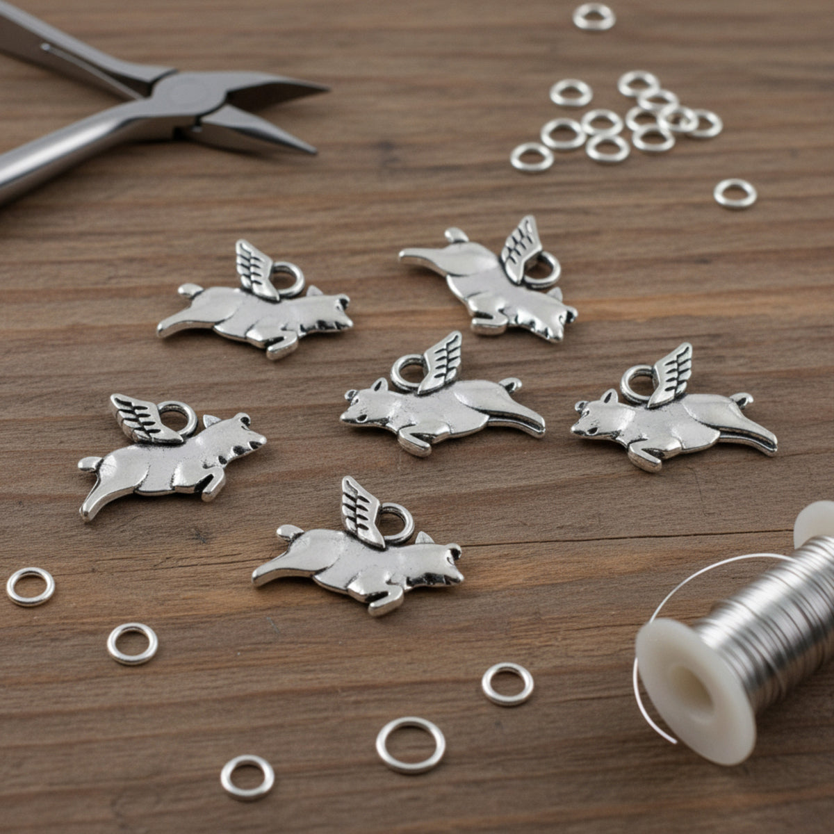 Silver Flying Pig Charms 20Pcs, Whimsical Novelty Metal Pendants