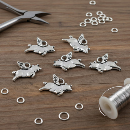 Silver Flying Pig Charms 20Pcs, Whimsical Novelty Metal Pendants