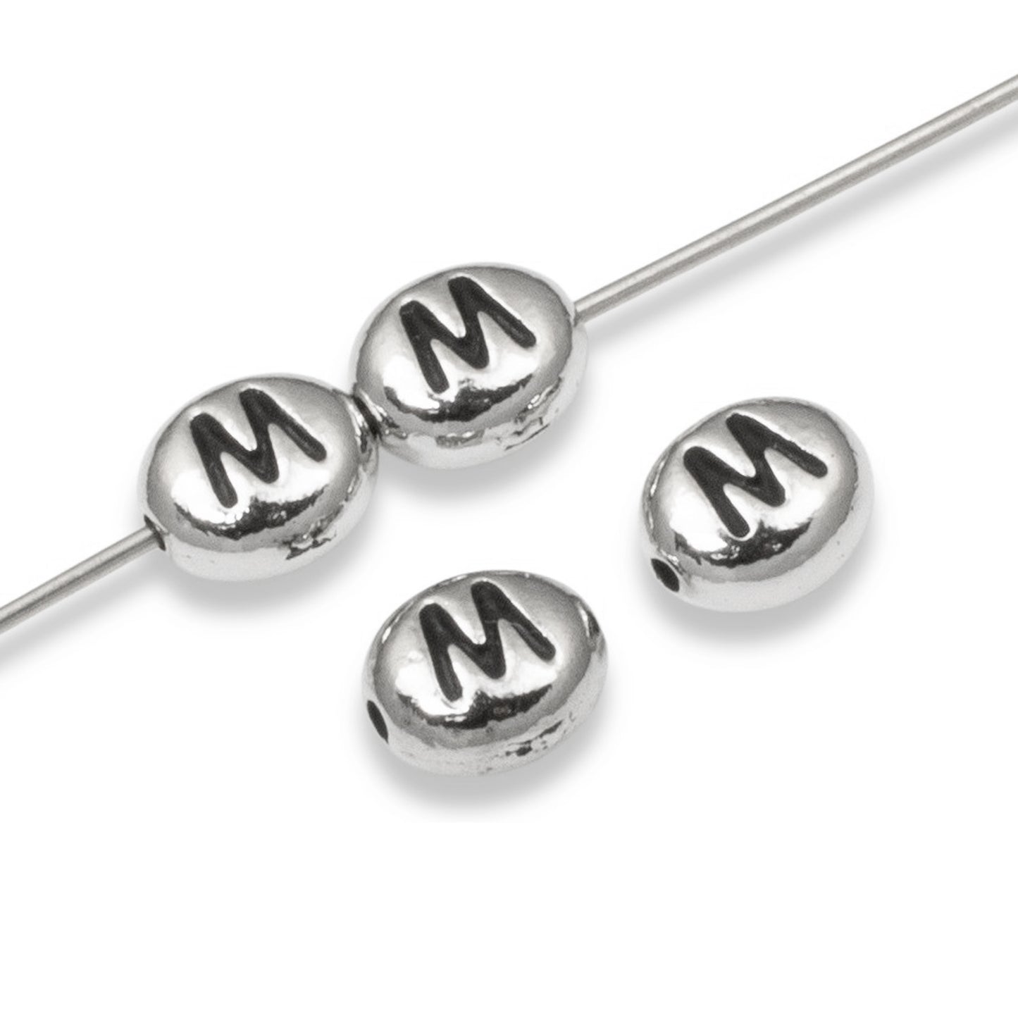 4 Silver "M" Alphabet Beads, Oval Initial Letter For Personalized Jewelry Making