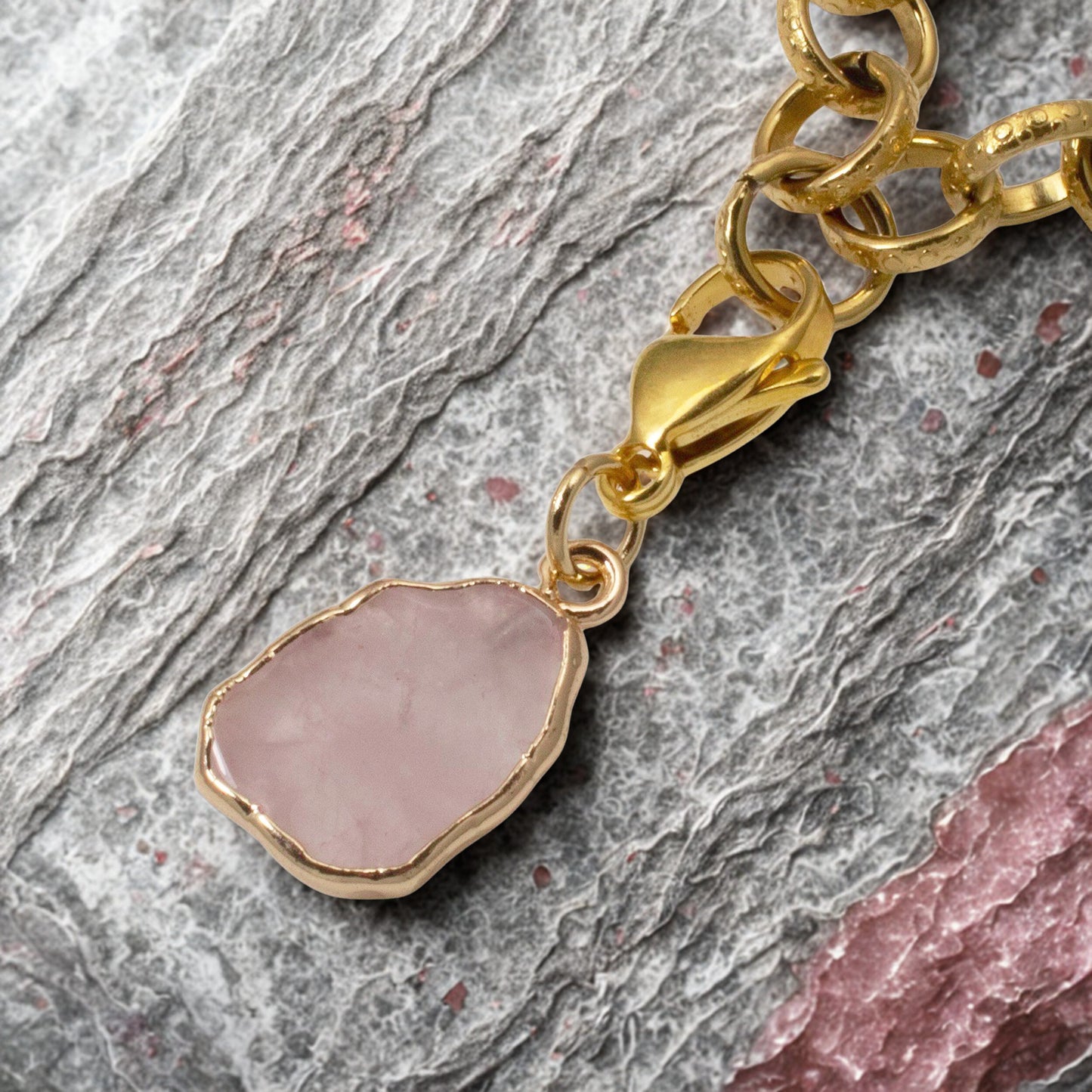 Rose Quartz Clip On Charm, Gold Edged Pink Crystal for Bag, Jewelry Accessory