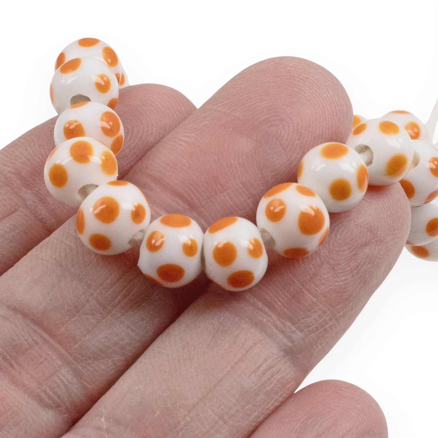 White Orange Polka Dot Beads: Indonesian Lampwork 8mm Round Halloween Fall 50Pcs